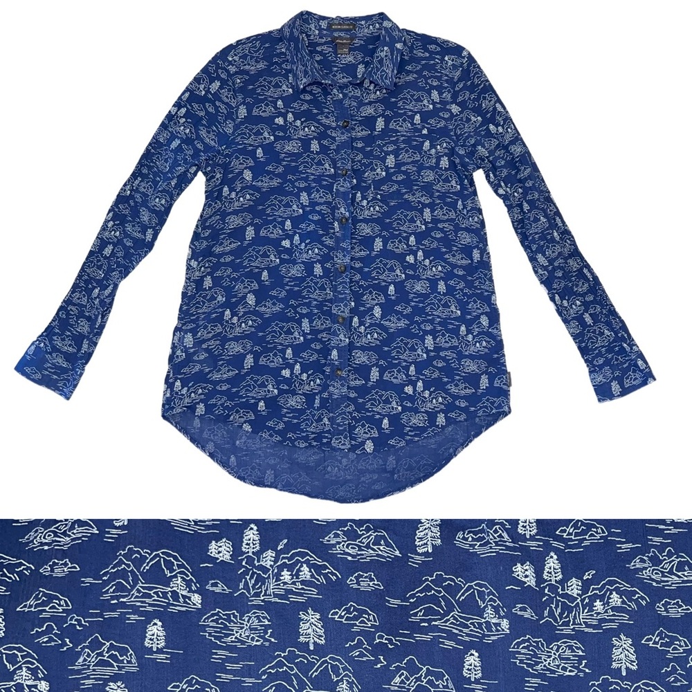 Eddie Bauer Womens Mountain / Lake Print Cotton Button Down Shirt Top Sz PM